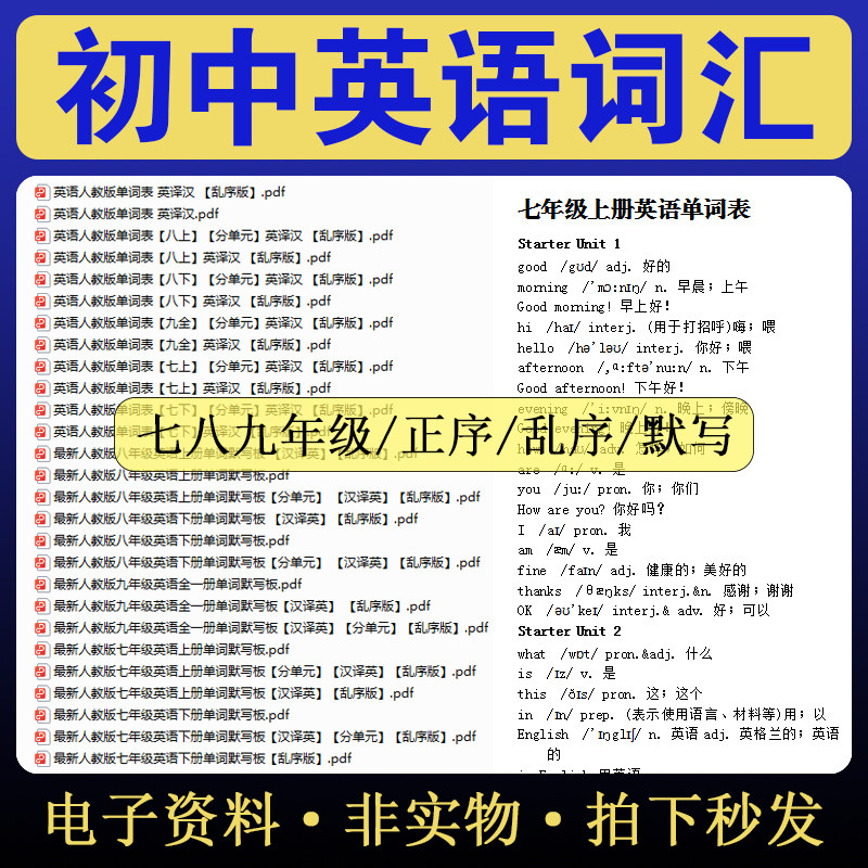 英语单词汇总表电子版初中默写正乱序七八九年级EXCEL上下册人教