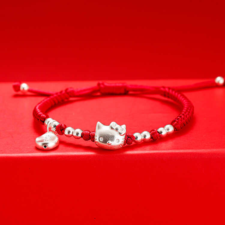 999足银hellokitty凯蒂猫手链女纯银kt猫情侣红绳儿童手绳送礼物