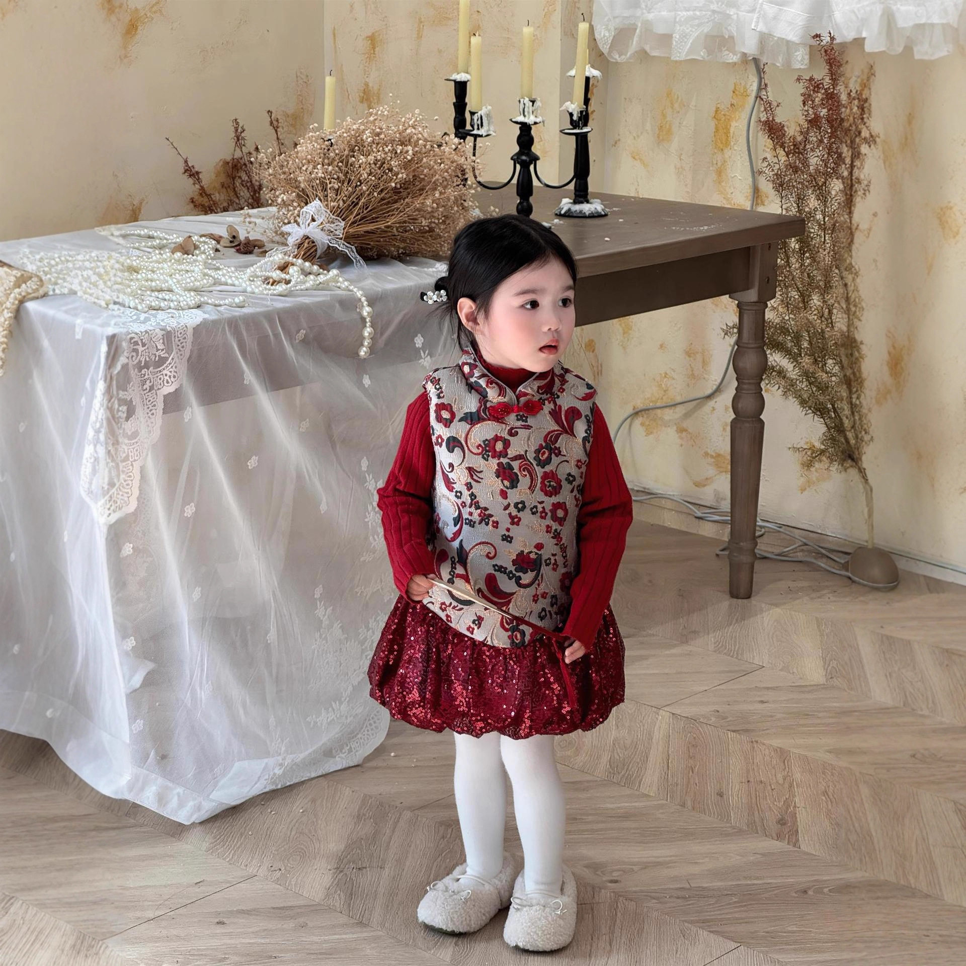 女童冬款红色喜庆高领毛线打底+