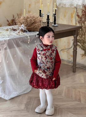 女童冬款红色喜庆高领毛线打底+中亮片相拼旗袍背心裙新年装