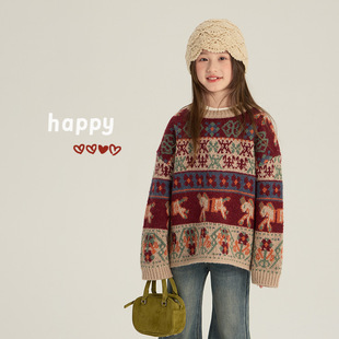 女童新年氛围感提花毛衣加厚针织衫 儿童保暖内搭上衣 冬季