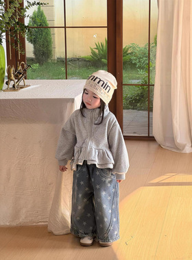 女童冬灰色甜美双层花边拉链立领奥绒外套+奥绒五角星牛仔阔腿裤