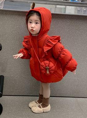 女童红色棉服秋冬新款洋气女宝宝冬装夹棉外套儿童棉袄加厚棉衣