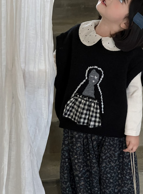 2025新款女童森系毛衣套装女孩毛线马甲背心白色打底衫韩版裤套装