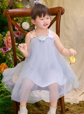儿童连衣裙网纱花朵蓝色仙女裙子女宝宝吊带裙夏季女童甜美公主裙