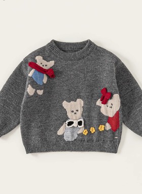 新款秋装儿童上衣女孩子灰色韩系卡通玩偶百搭圆领针织衫女童毛衣