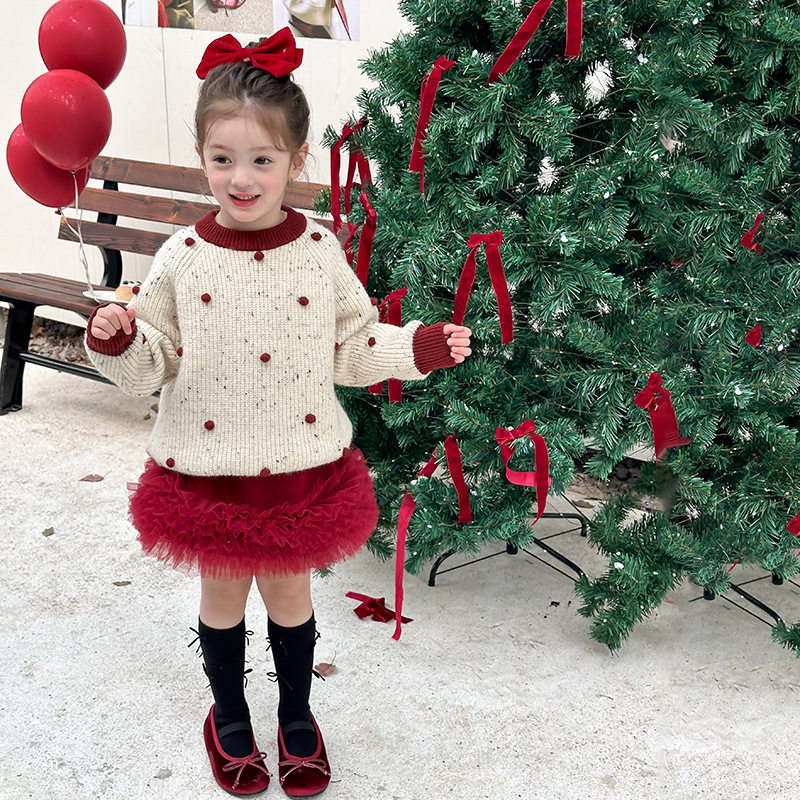 亲子款儿童针织上衣冬女童新年款洋气星点羊驼手工立体球球毛衣