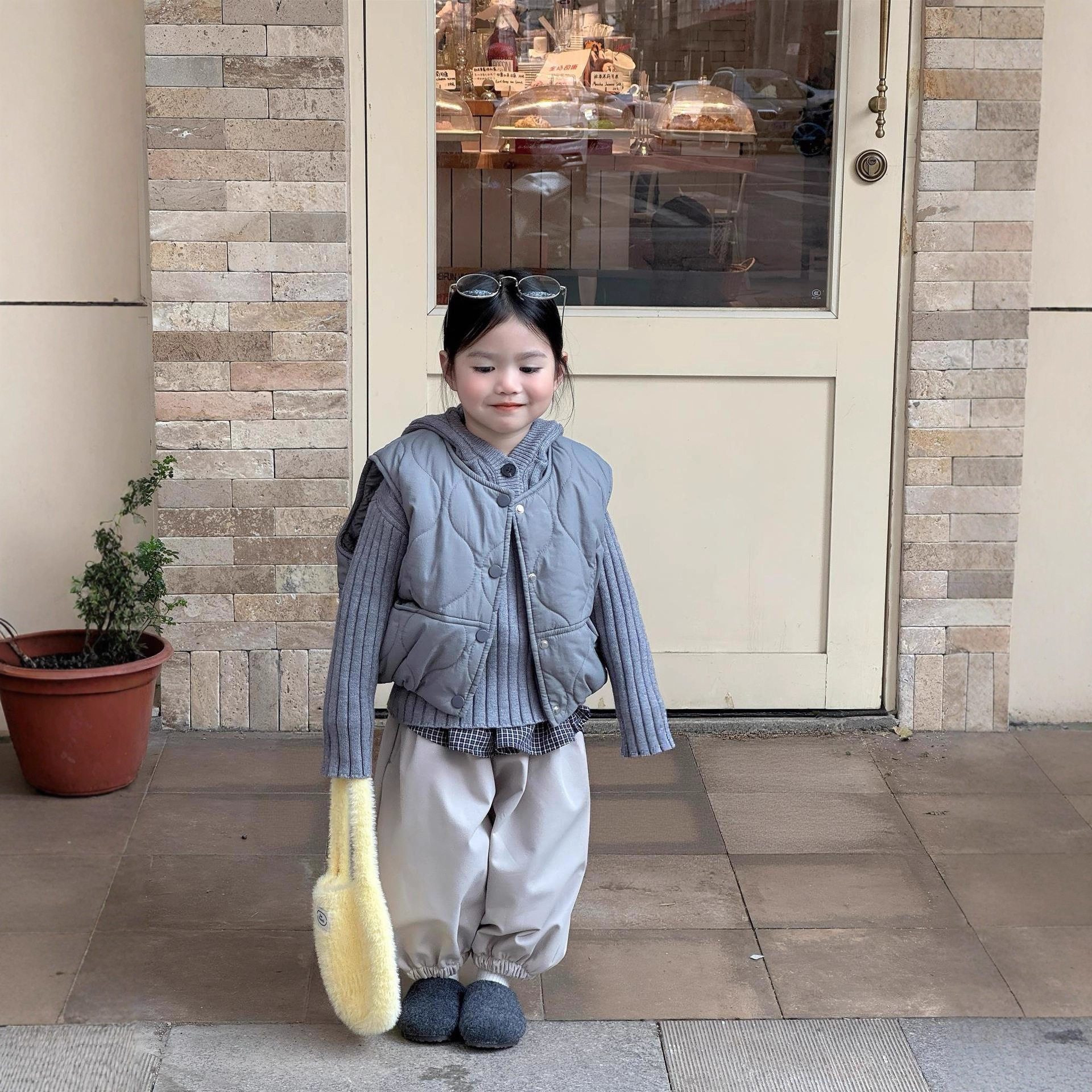 女童冬灰色夹棉绗缝宽松面包棉