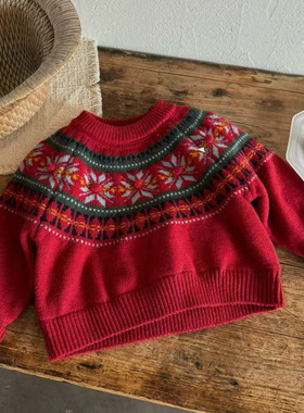 2025韩系新款女童新年红色费尔岛毛衣加厚雪花提花套头喜庆针织衫