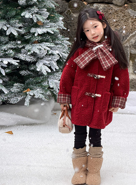 把新年的喜庆穿在身上！女童红色喜庆拜年服中长款大衣毛绒外套