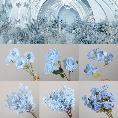 婚庆婚礼天蓝色仿真花材婚礼堂蓝色系列绢花舞台背景吊顶花材布置