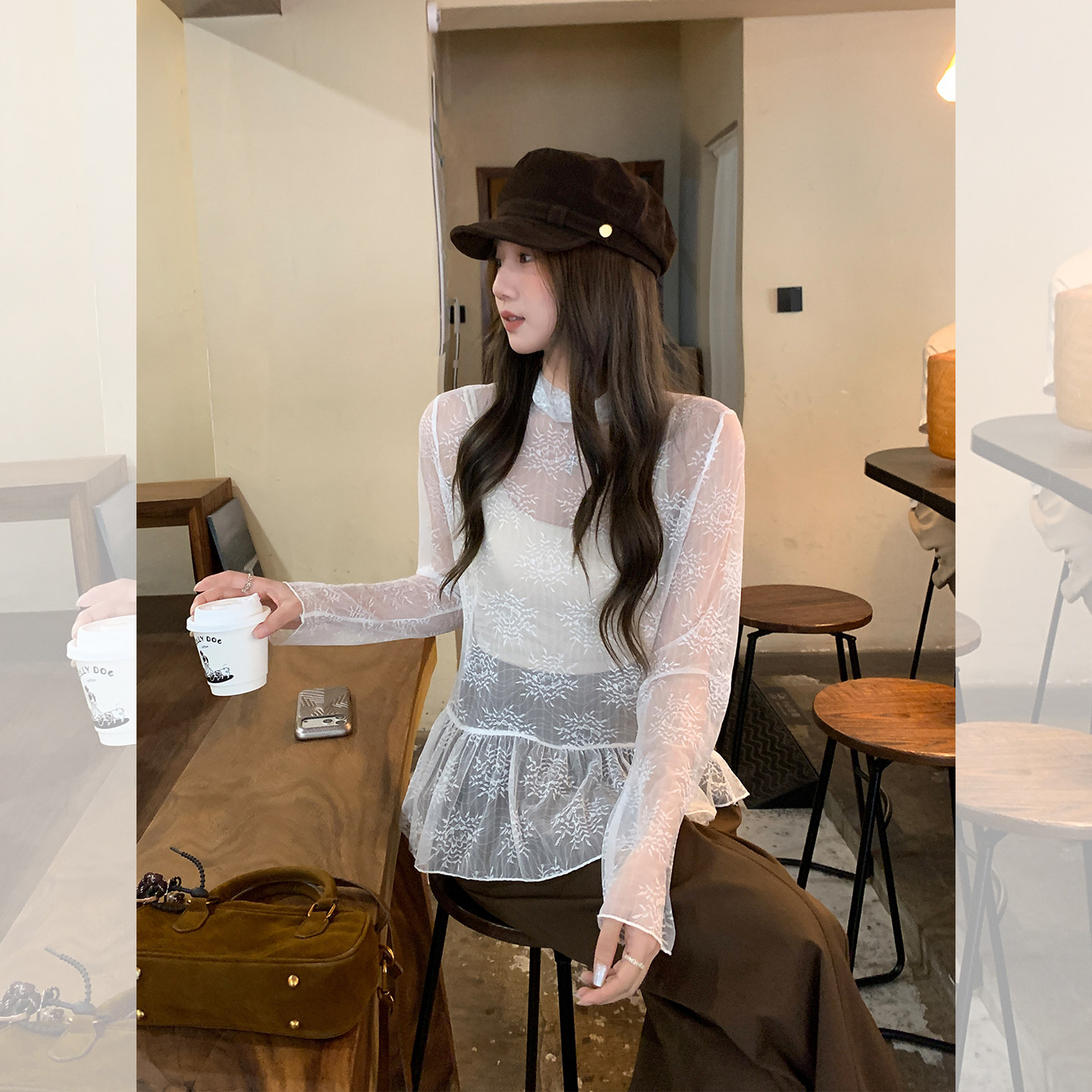 蕾丝微透半高领叠穿荷叶边雪纺纱女2025秋内搭打底衫上衣