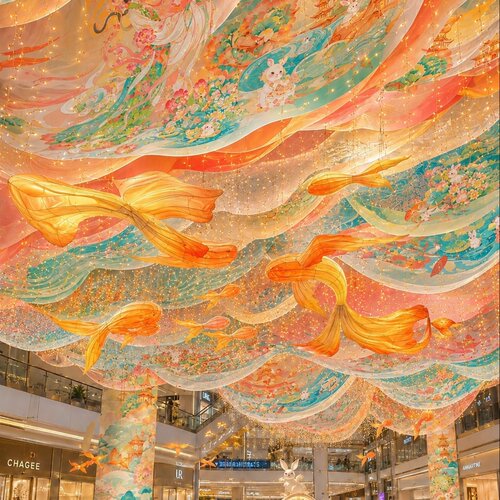 商场中庭锦鲤印花天幕吊顶国风商业街道室内沉浸式美陈打卡拍照