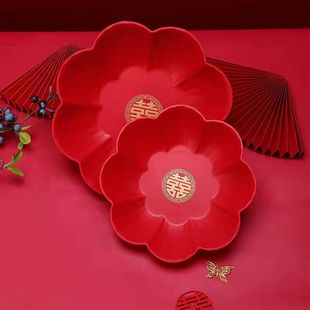 喜庆红水果盘喜盘婚庆托盘糖果盘中式 干果盘婚宴节庆结婚用品备婚