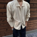 TZG 杏色天爽老钱风polo领长袖 衬衫 男cleanfit宽松亚麻混纺针织衫
