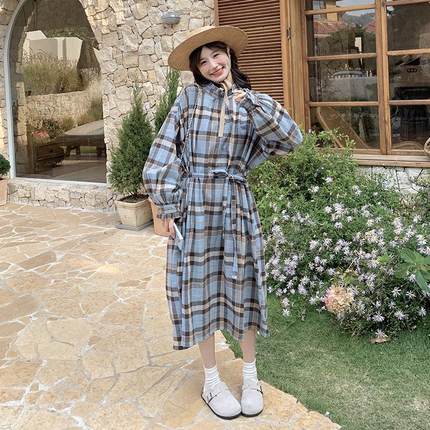 连衣裙女B189FN78春连秋装长裙年新款减龄设计感色木耳边格撞纹衣
