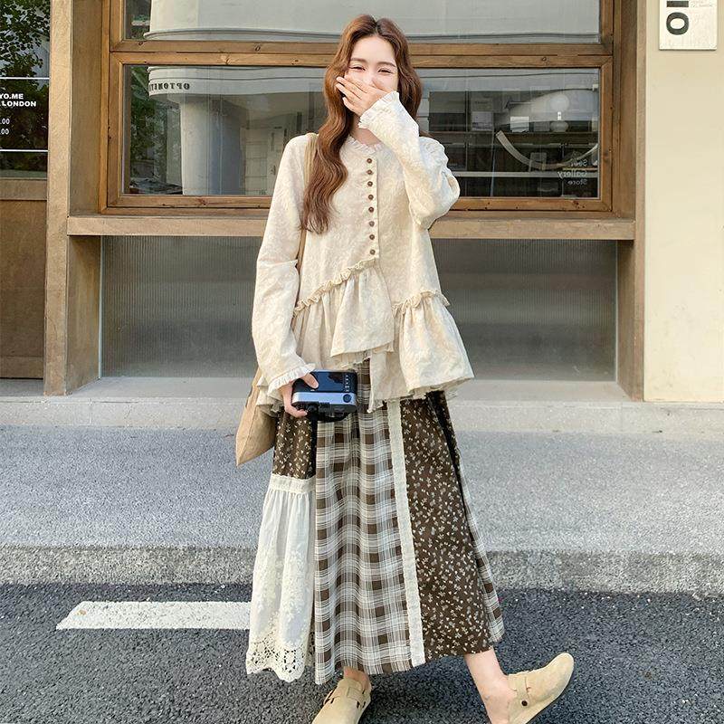套装边两件套春秋装花B170FN25领衣+格子碎花拼接衬半身裙套两装