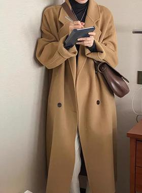 灰色呢大衣款女中长款fn-N166秋冬新双排扣修双面呢大衣女身套生