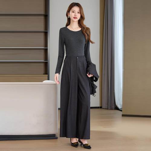 时尚休闲套装新款气质裤减龄马甲秋针织衫阔女腿HR1198-0三件套