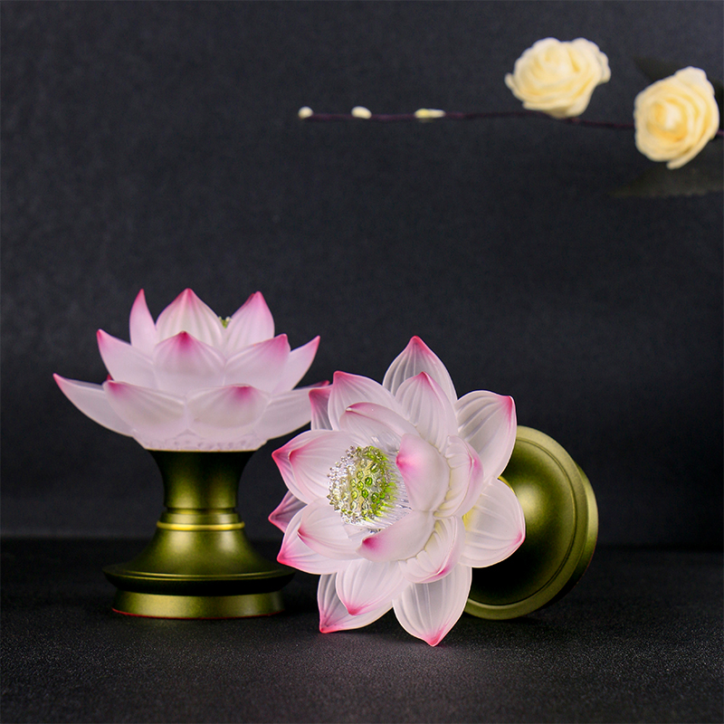 一对莲花灯led琉璃纯铜金红佛前