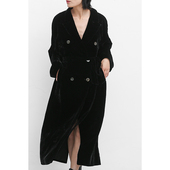 JUZININE原创设计真丝绒大衣女桑蚕丝收腰外套双排扣系带长款 风衣