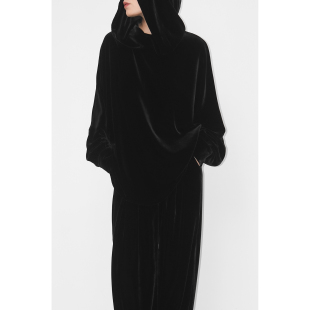 JUZININE原创设计真丝绒连帽卫衣桑蚕丝侧开衩宽松慵懒感上衣衬衫