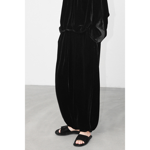 JUZININE原创设计真丝绒灯笼裤 桑蚕丝弹力腰宽松九分束脚长裤