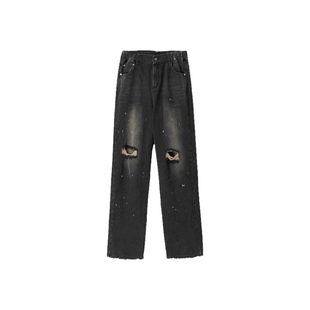 BSN1负一层【市坐】春季泼墨水洗破洞直筒牛仔裤潮牌阔腿长裤男款