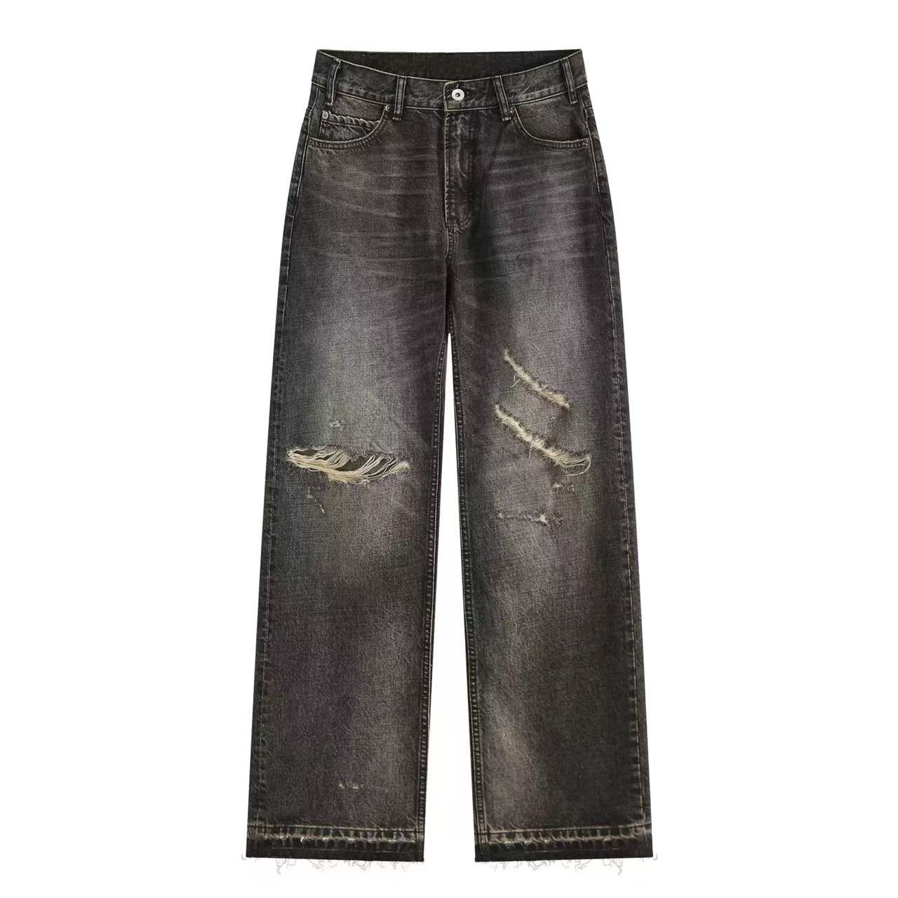 BSN1 洗水破坏做旧刀割黑色牛仔裤百搭男女同款宽松直筒版型