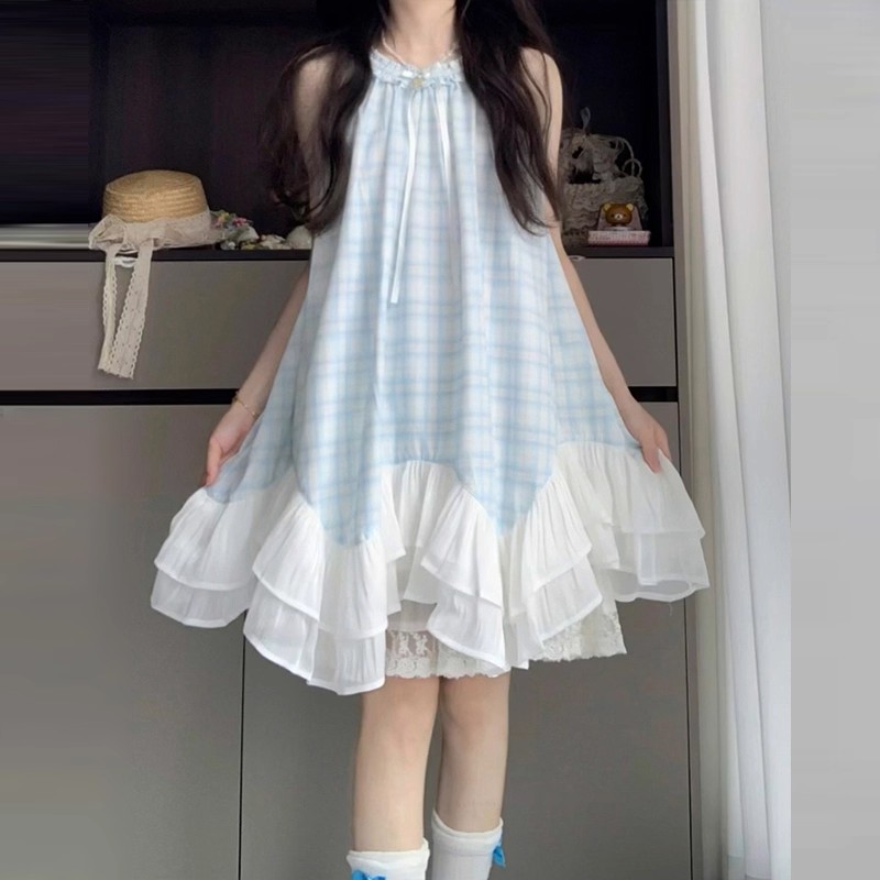 女童挂脖连衣裙夏季2025新款洋气初中生蓝色格纹无袖吊带公主裙子