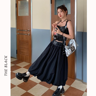 THE BLACK 黑色蓬蓬裙半身裙女2025新款牛仔腰拼接小众花苞中长裙