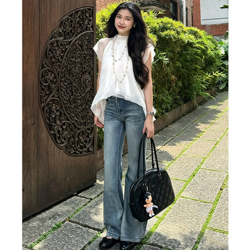 美式复古浅蓝色微喇牛仔裤女2026