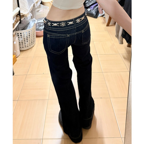 美式深蓝色低腰微喇牛仔裤女夏薄