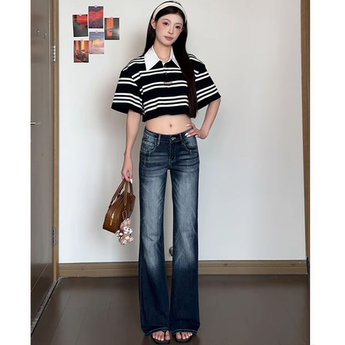 深蓝色低腰微喇牛仔裤女2026新款