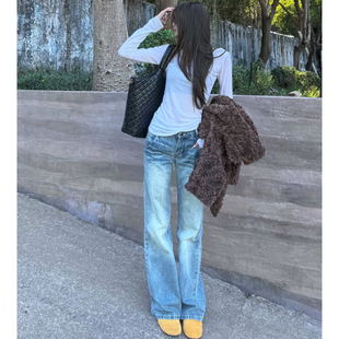水洗小个子直筒裤 美式 新款 女2026春季 复古蓝低腰不贴腿微喇牛仔裤