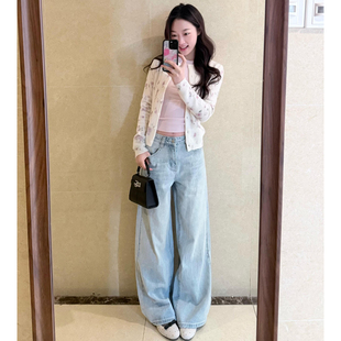 宽松显瘦垂感直筒拖地裤 新款 女2026春季 浅蓝色高腰水洗阔腿牛仔裤