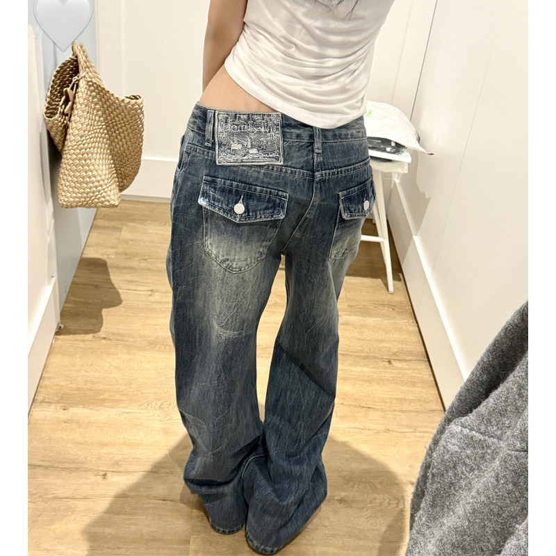 复古蓝低腰直筒牛仔裤女2026新款美式水洗设计感宽松阔腿拖地裤子