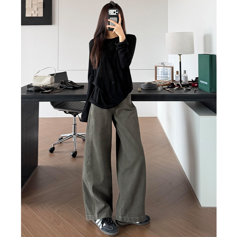 美式军绿色阔腿牛仔裤女2026秋季新款高腰工装高级感垂感直筒裤子
