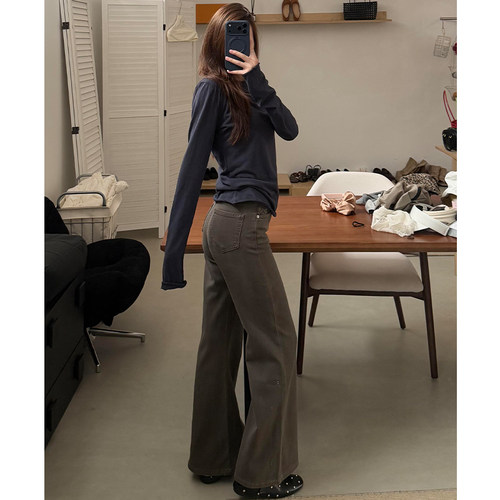 美式咖色高腰微喇牛仔裤女2026款