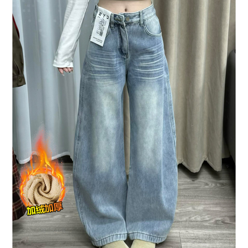 浅蓝色加绒加厚阔腿弯刀牛仔裤冬