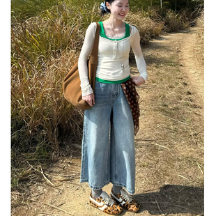 高腰垂感显瘦宽松直筒裤 女2026春夏新款 浅蓝色阔腿八分牛仔裤 美式
