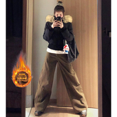 美拉德棕咖色加绒阔腿弯刀牛仔裤 子 高腰垂感拖地裤 女2025冬季 新款