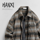 式 2025新款 复古格子衬衫 美式 棉服外套设计感撞色磨毛棉衣男 冬季