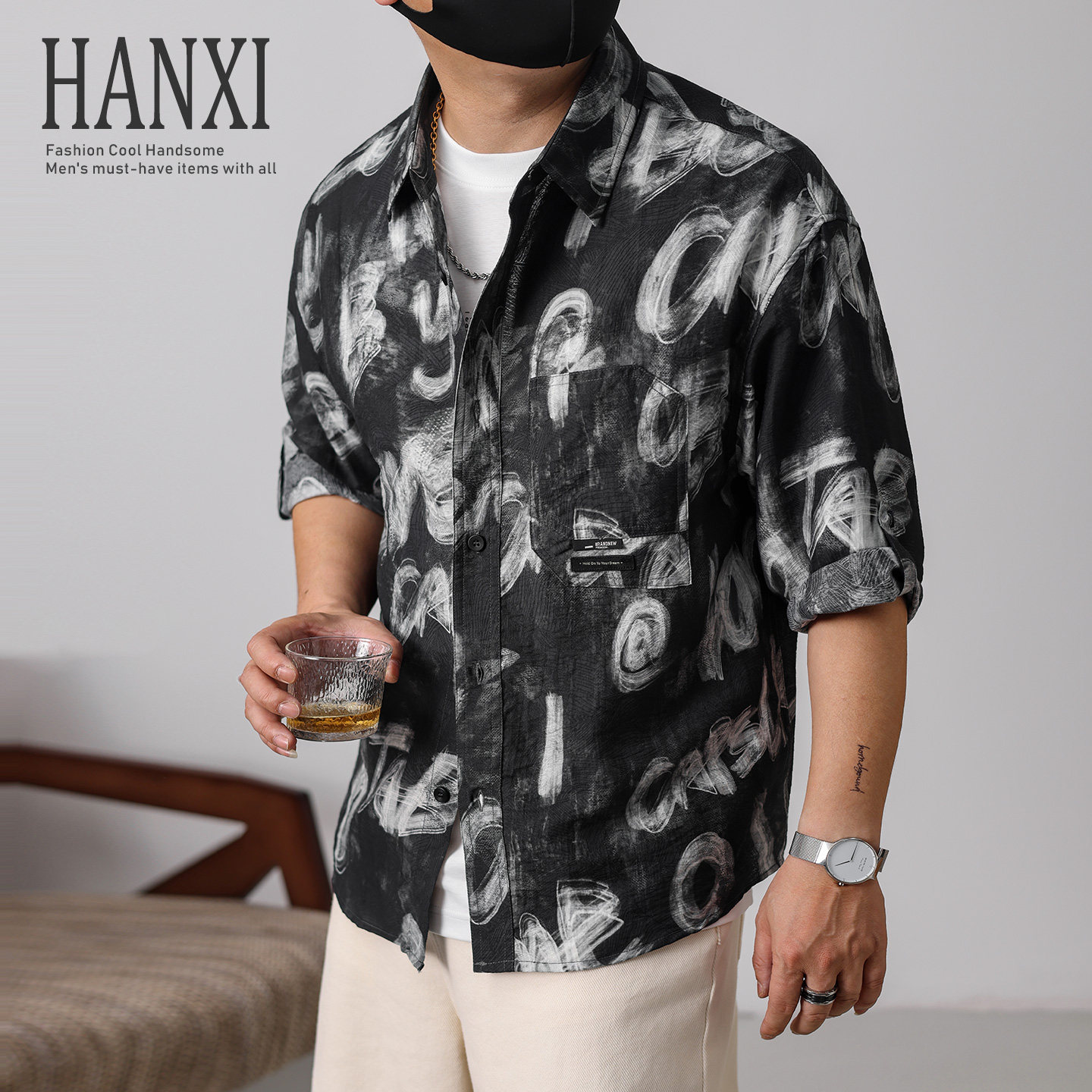 美式印花短袖衬衫男夏季薄款