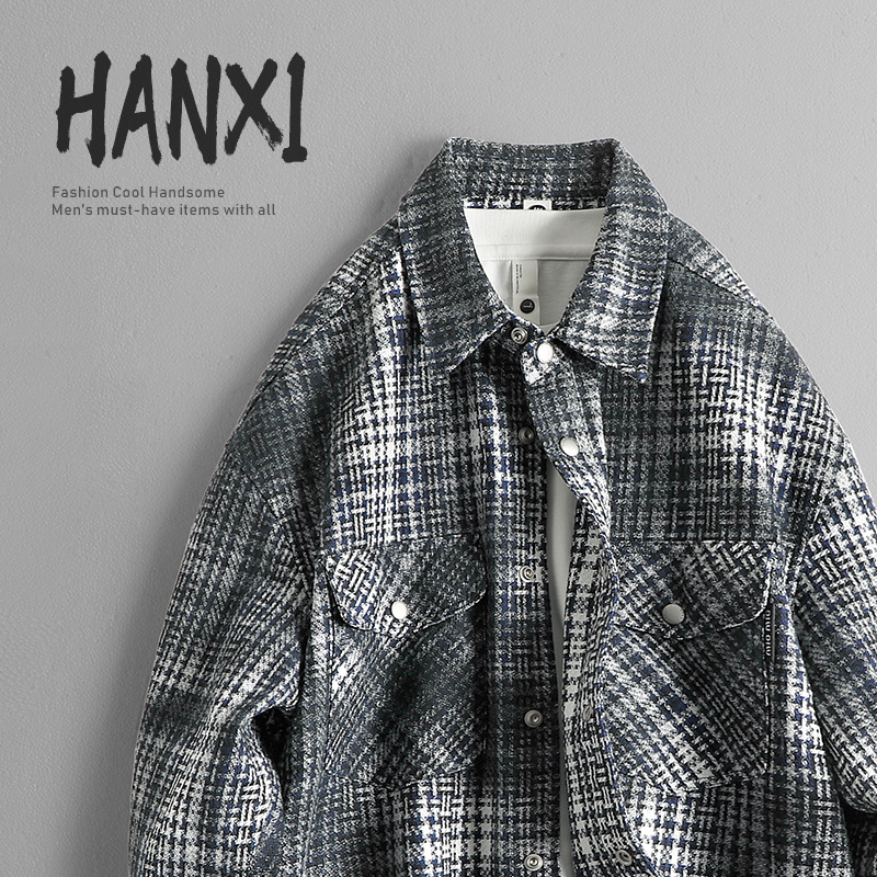 2025秋冬新款高街轻奢格子潮牌休闲衬衫外套男士宽松长袖衬衣外穿