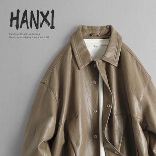 2025秋冬老钱风翻领PU皮衣外套男年轻熟风复古水洗软儒防风皮夹克