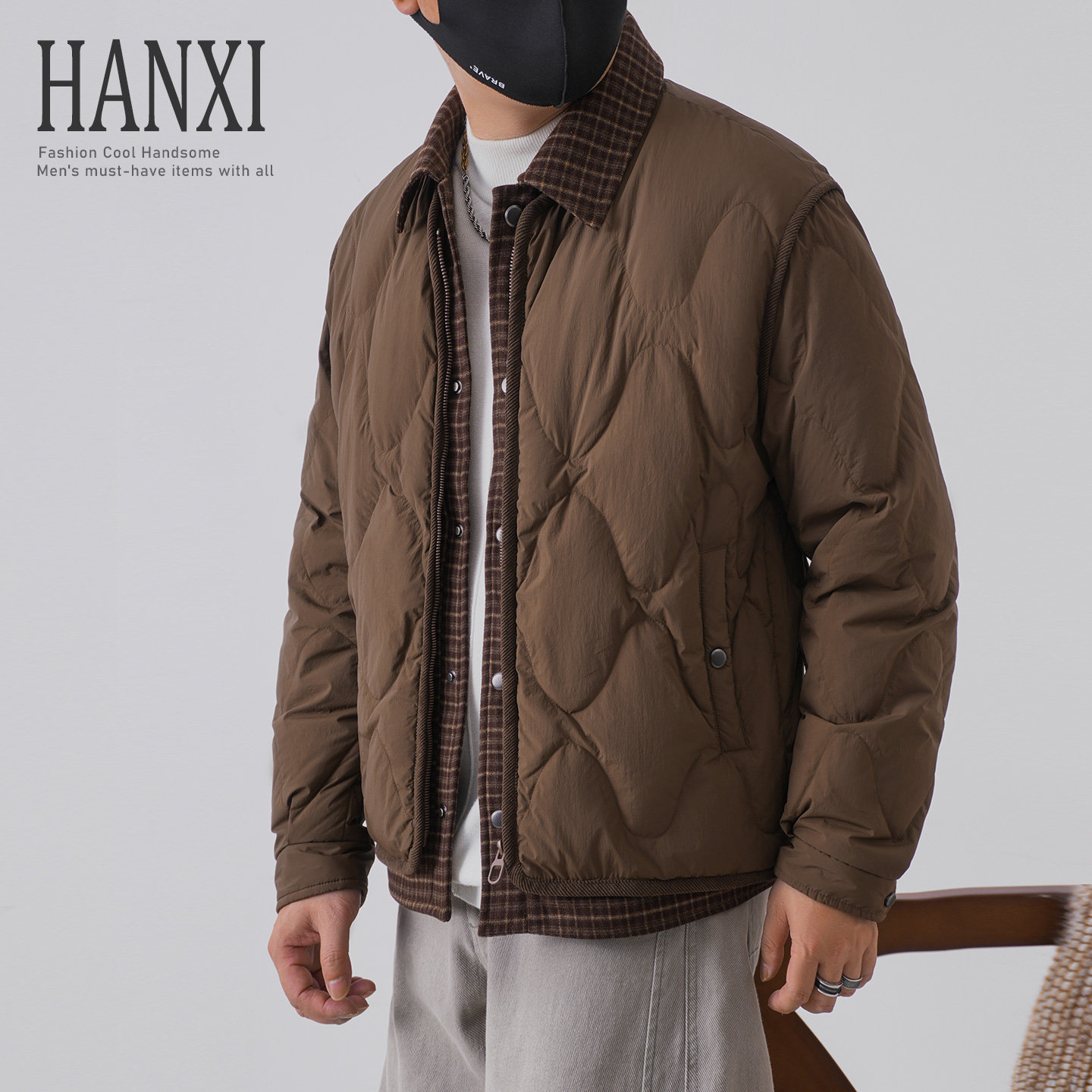 90鸭绒翻领格纹拼接假两件羽绒服