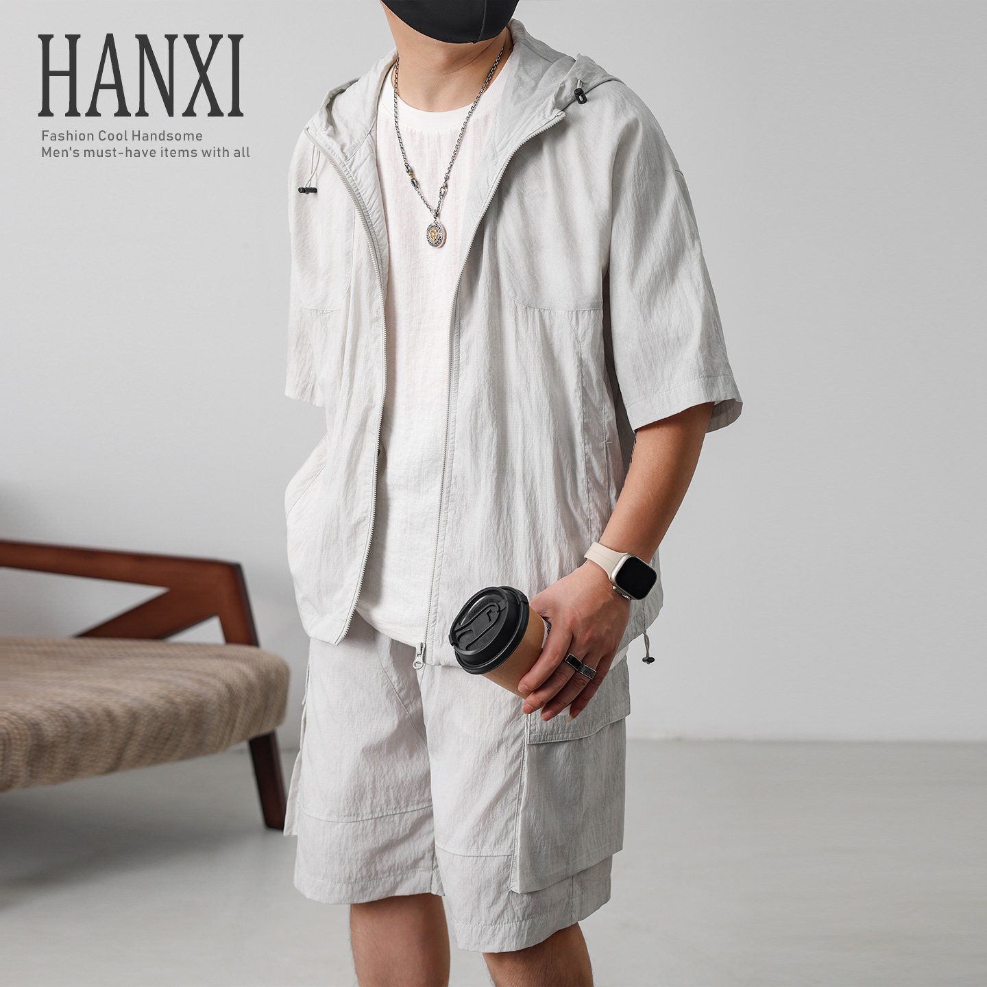 夏季天丝莱赛尔连帽短袖套装男