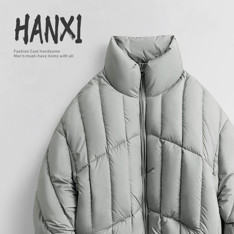 冬季高充绒量绗缝结构廓形保暖情侣外套潮牌立领90白鸭绒羽绒服男