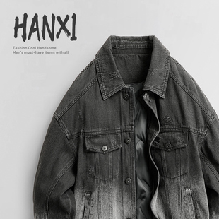 2025冬季新款渐变黑灰色牛仔羽绒服男复古做旧90白鸭绒加厚夹克潮